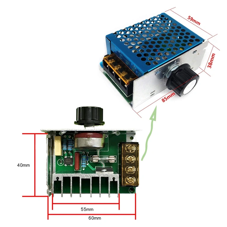 Abmessungen und elektronische Komponenten des 220V 4000W Spannungsreglers Detailansicht des 220V Spannungsreglermoduls: Triac, Kühlkörper, Potentiometer, Maße 8,5 x 5,8 x 3,8 cm