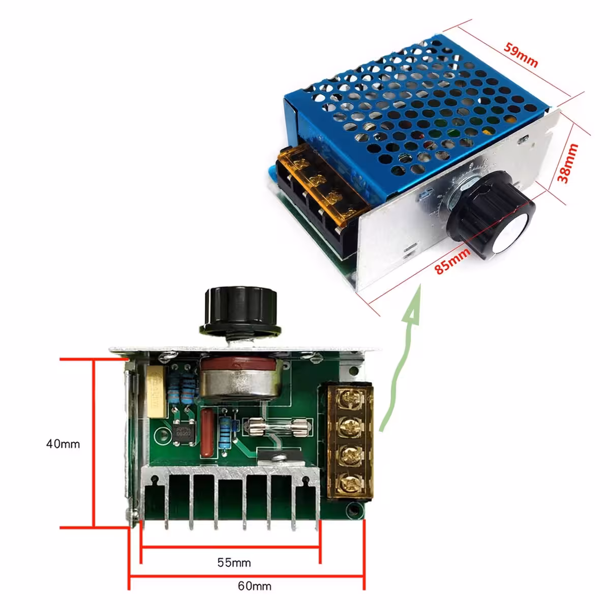 Detailansicht des 220V Spannungsreglermoduls: Triac, Kühlkörper, Potentiometer, Maße 8,5 x 5,8 x 3,8 cm