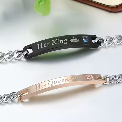 Set 2 Armbänder für Paare His King & His Queen – Gravierbarer Edelstahl für Verliebte, Er & Sie