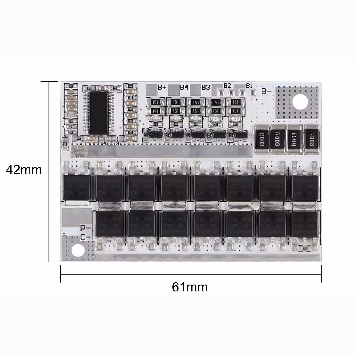 Detailfoto der BMS-Platine mit markierten Abmessungen