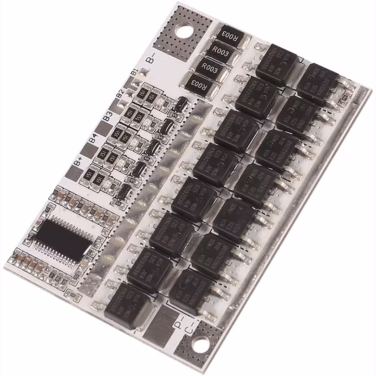 Detailansicht der Vorderseite der BMS 5S 100A Platine, elektronische Bauteile gut erkennbar