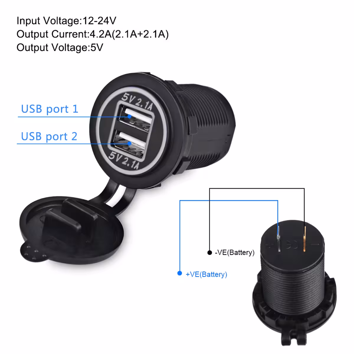 Auto-Zigarettenanzünder-Adapter mit Doppel-USB, 12–24V, universell montierbar