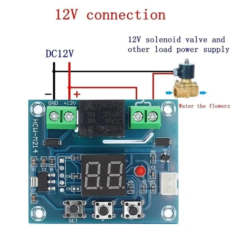Anschluss Bodenfeuchtigkeitssensor an 12V Anschlussschema des automatischen Bewässerungsmoduls an 12V DC Stromversorgung