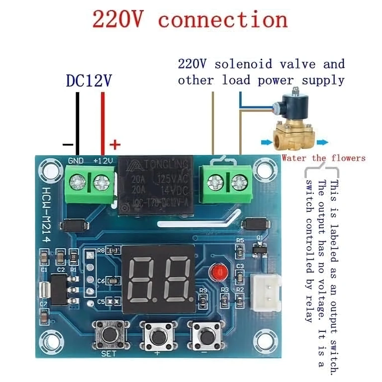 Anschluss Bodenfeuchtigkeitssensor an 220V XH-M214-Modul an 220V Netz angeschlossen zur Steuerung des Magnetventils