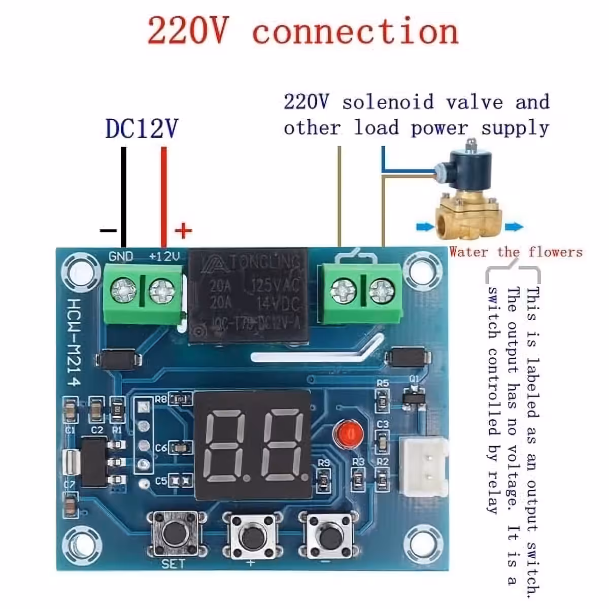 XH-M214-Modul an 220V Netz angeschlossen zur Steuerung des Magnetventils