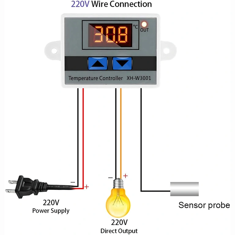 Anschlussdiagramm Thermostat XH-W3001 an 220V Montageschema Digitalthermostat XH-W3001 mit 220V AC Versorgung und Relaisanschluss