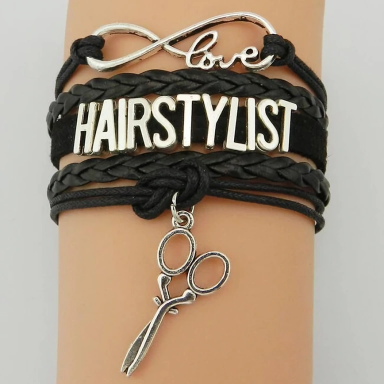 Fashion-Armband aus schwarzem Leder mit Friseursymbolen