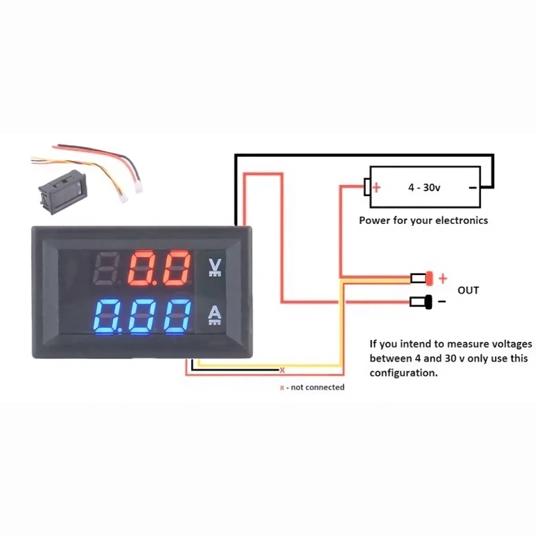 Schaltplan für Voltmeter und Amperemeter mit gemeinsamer Versorgung 4–30V