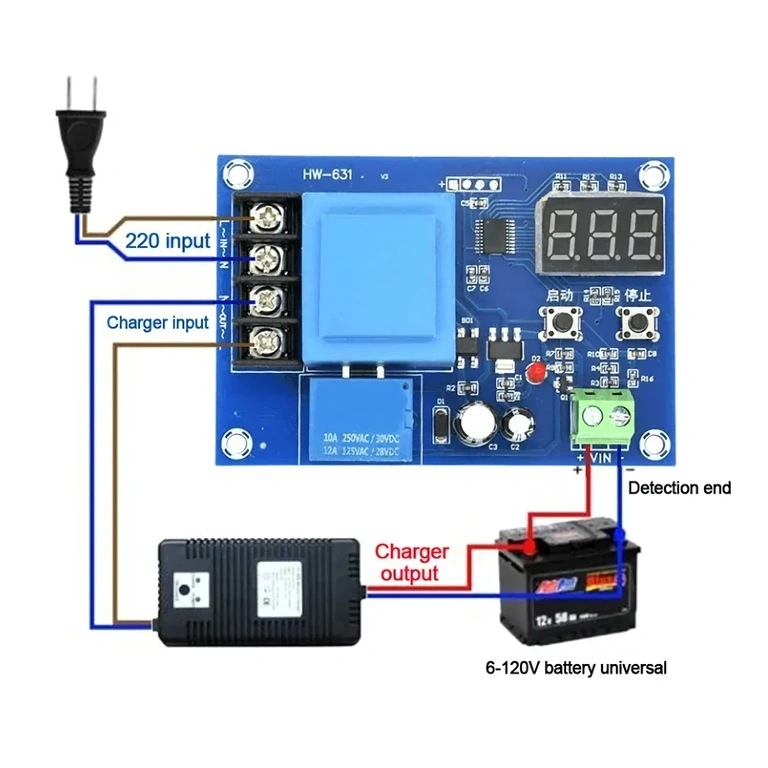 Anschlussdiagramm des XH-M602 Moduls mit Relais und Stromversorgung