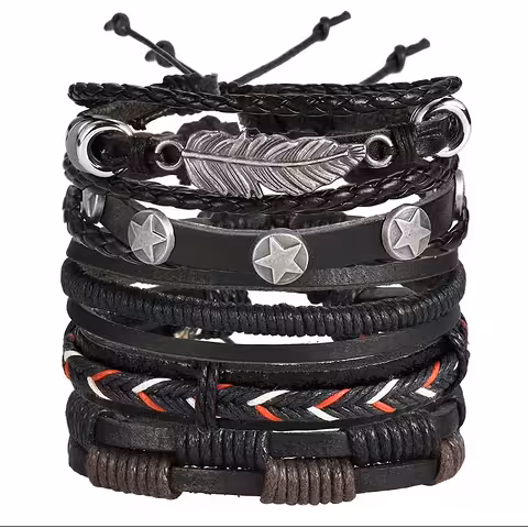 Set 5 Herrenarmbänder aus echtem Leder – handgefertigt, verstellbar, elegant, neue Luxusmodelle