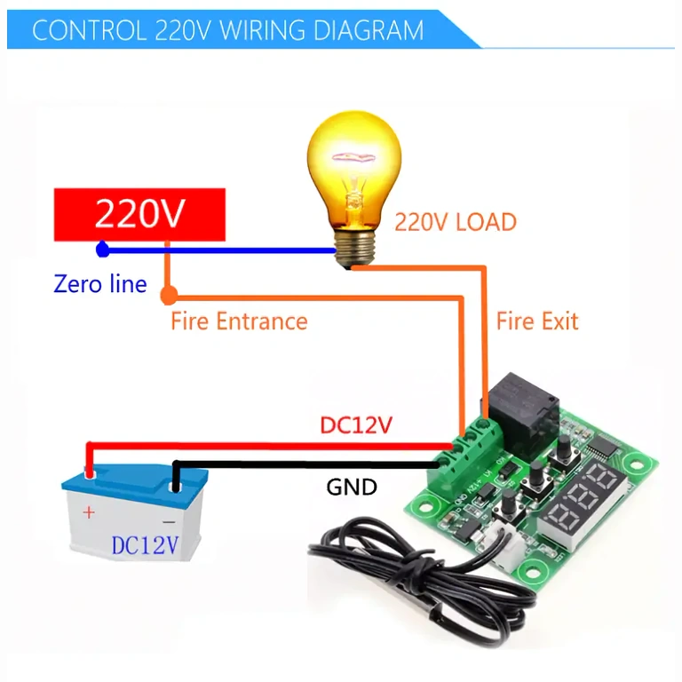 Komplettes Anschlussdiagramm für W1209 Thermostat an 220V Stromnetz