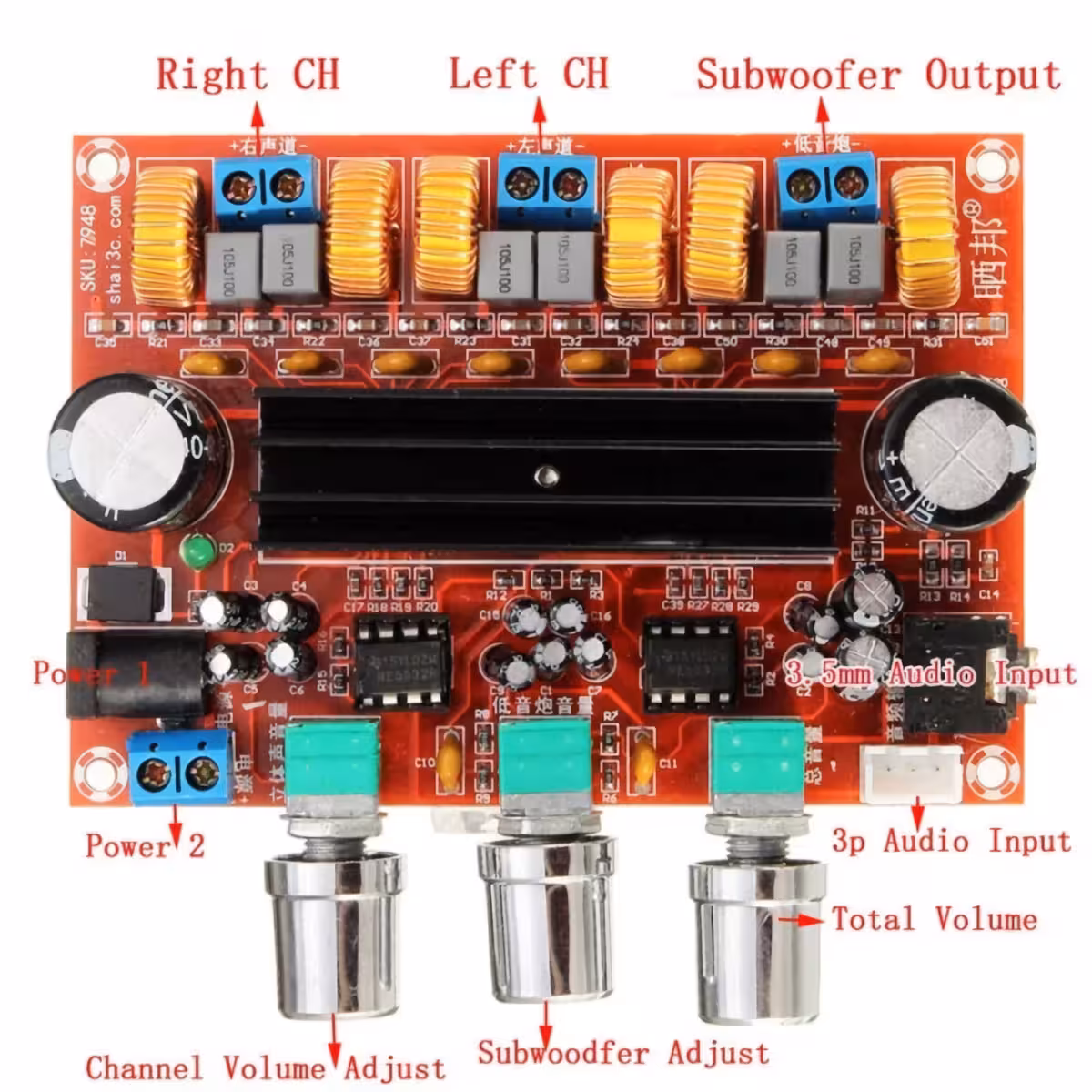 Installationsdiagramm für Stereo-Verstärkerplatine mit Subwoofer