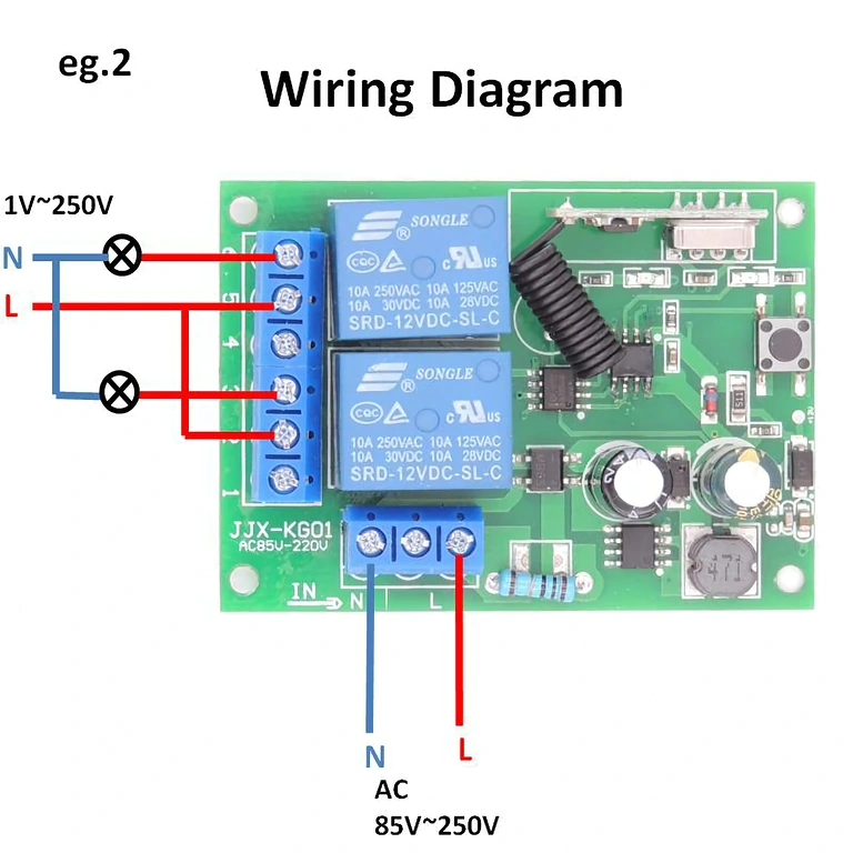 Doppelrelais mit Fernbedienung für 220V 433MHz Funkrelais mit Zwei-Tasten-Steuerung, kompatibel mit 220V