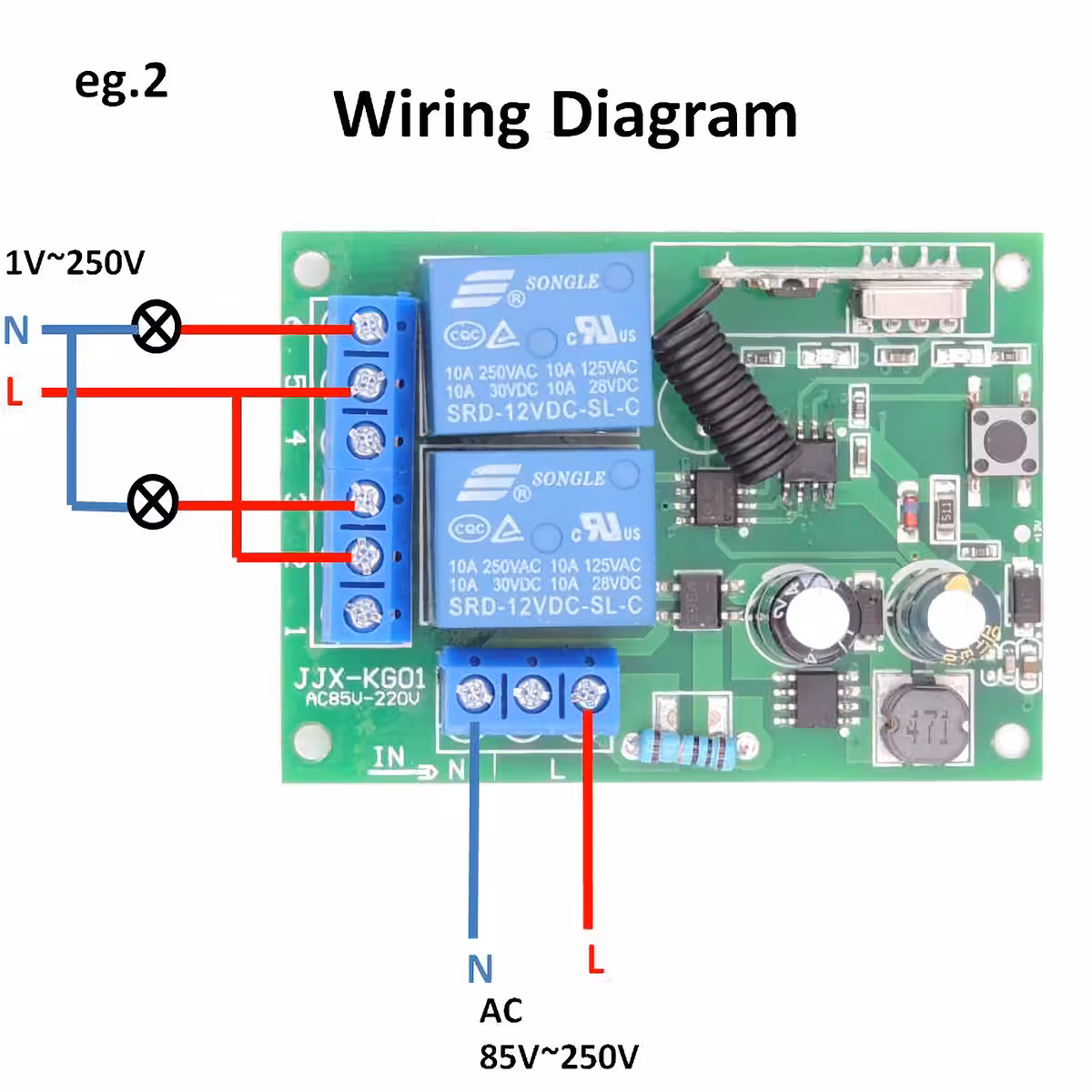 433MHz Funkrelais mit Zwei-Tasten-Steuerung, kompatibel mit 220V