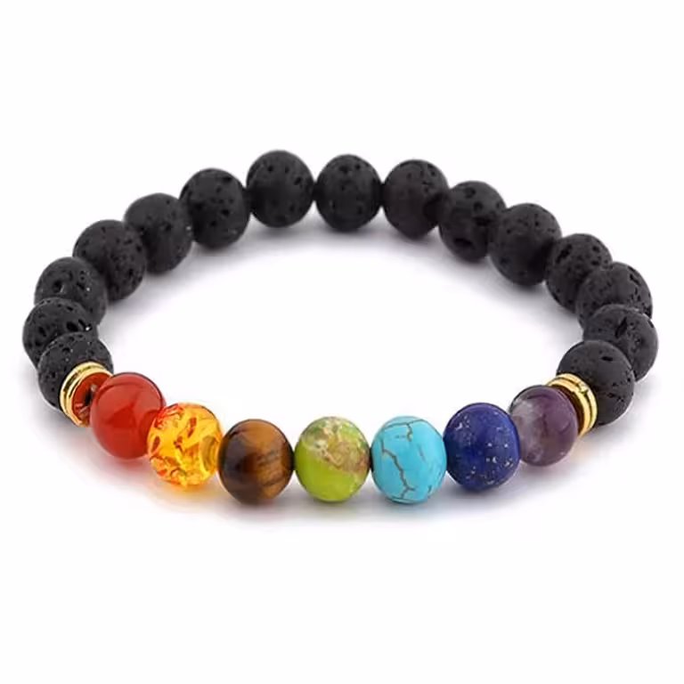 Natürliche Vulkanstein-Armband mit 7 Chakren – Achat, Amethyst, Bernstein, Lapis Lazuli, Tigerauge