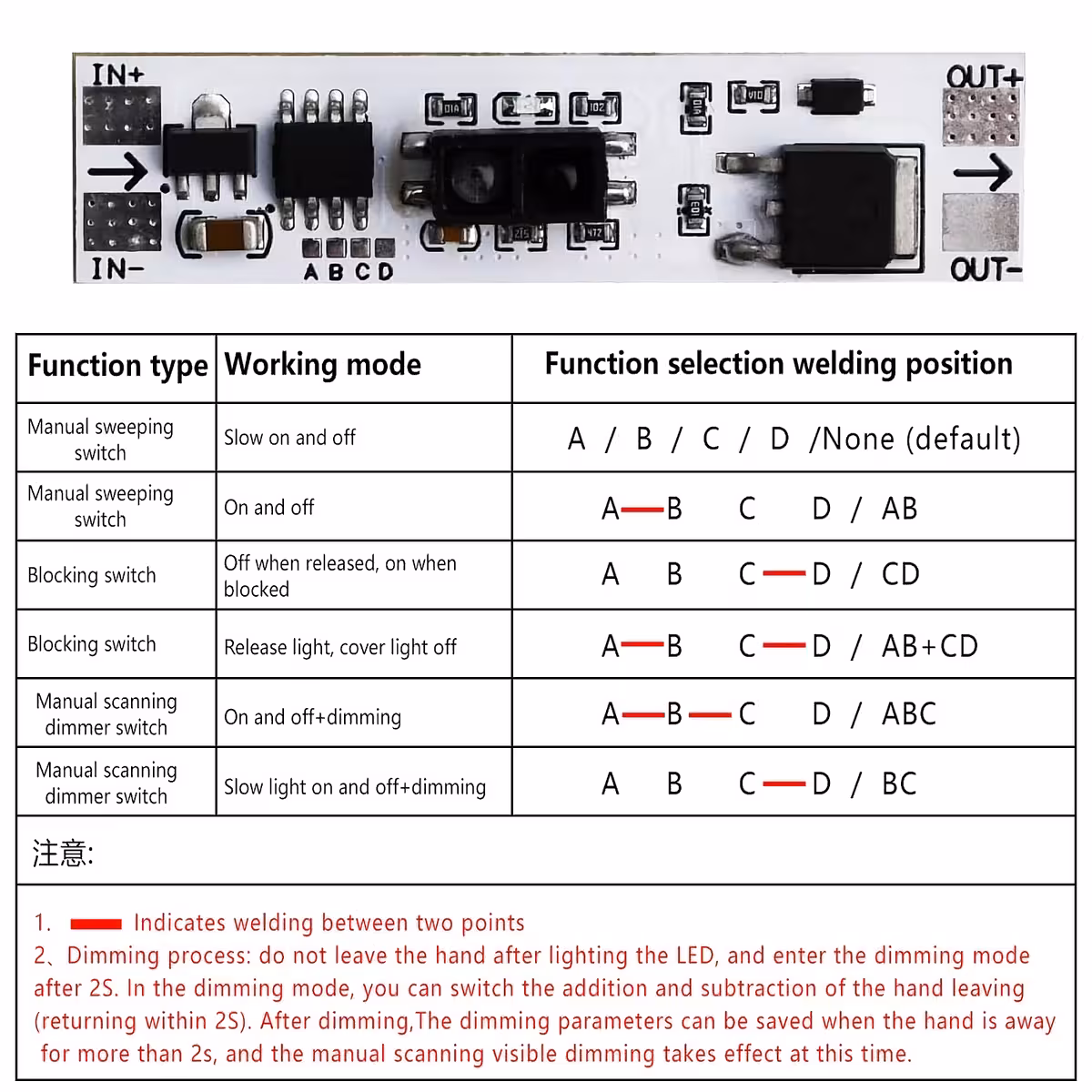 Beispiel direkter elektrischer Anschlüsse auf der 12V Sensorplatine XK-GK-4010A