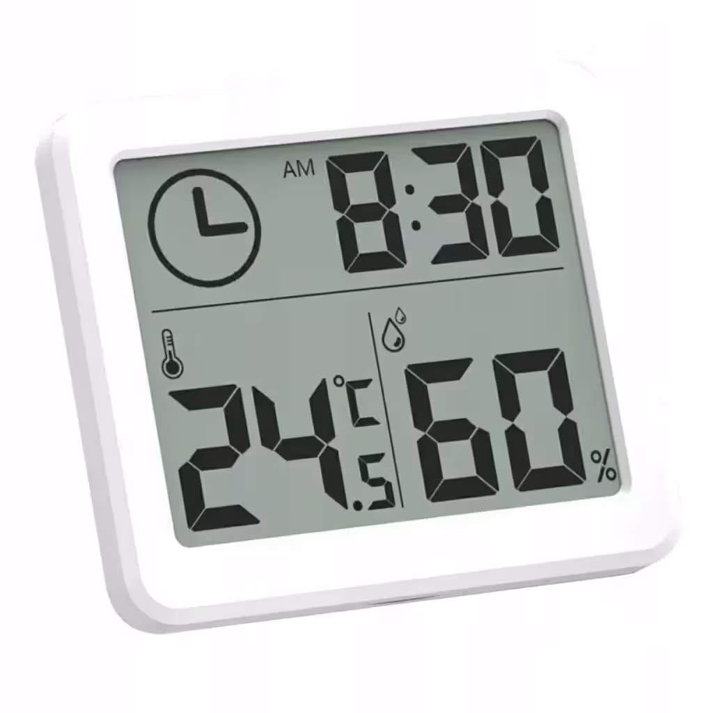Digitales Hygrometer und Thermometer für Zimmer mit Uhr und großem LCD-Display – präzise Messung von Temperatur und Luftfeuchtigkeit