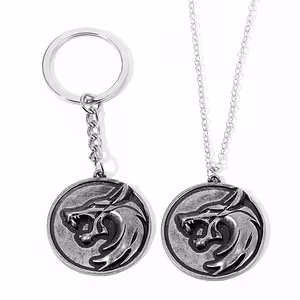 The Witcher Kette & Schlüsselanhänger Set – Wolfskopf Medaillon, antiksilber, Fan-Geschenk