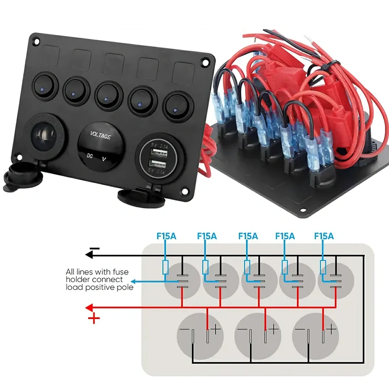 Auto-Panel mit 12V Steckdose, On/Off-Schalter und Voltmeter, für Fahrzeuge und Maschinen