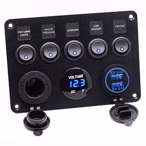 Auto Schalttafel 5-Tasten ON/OFF mit Voltmeter, Steckdose und USB-Ladegerät – 12V/24V, IP65