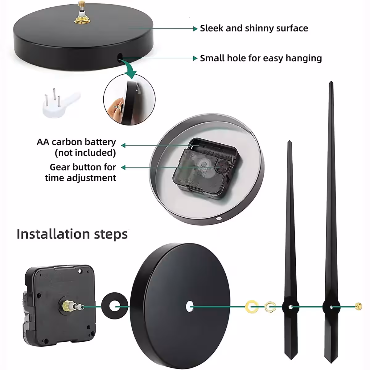 Große 3D-Wanduhr mit glänzenden schwarzen Ziffern, geräuschlose Funktion