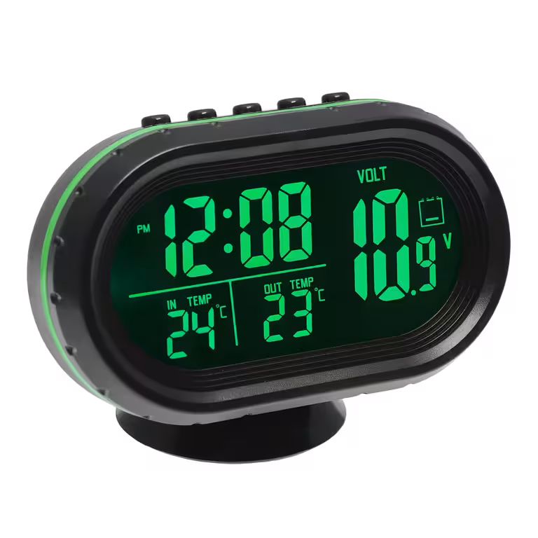 Auto-Uhr mit Voltmeter und digitalem Thermometer – innen/außen, mit Sonde, 12V/24V