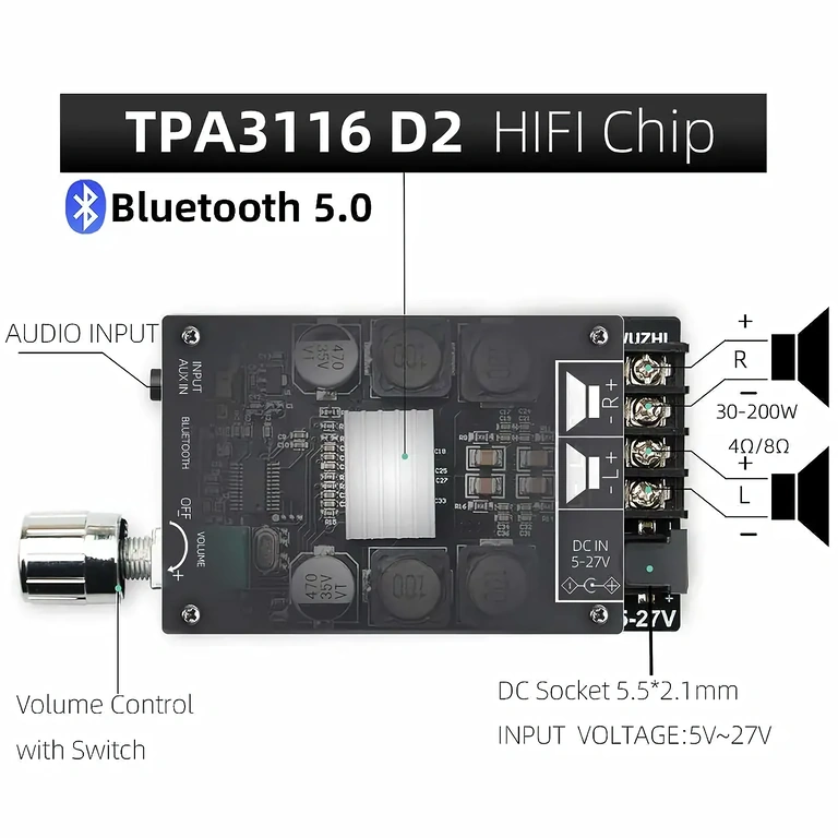 Bluetooth Stereoverstärker-Modul mit Lautstärkeregelung und 3,5mm Jack