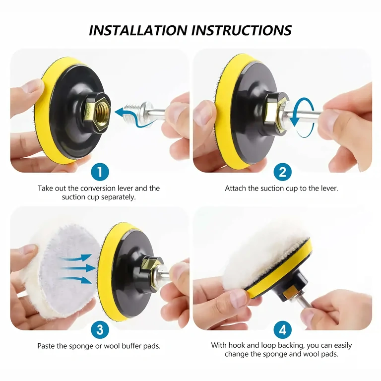 Bild der korrekten Montage der Polierschwämme an der Bohrmaschine mit Adapter