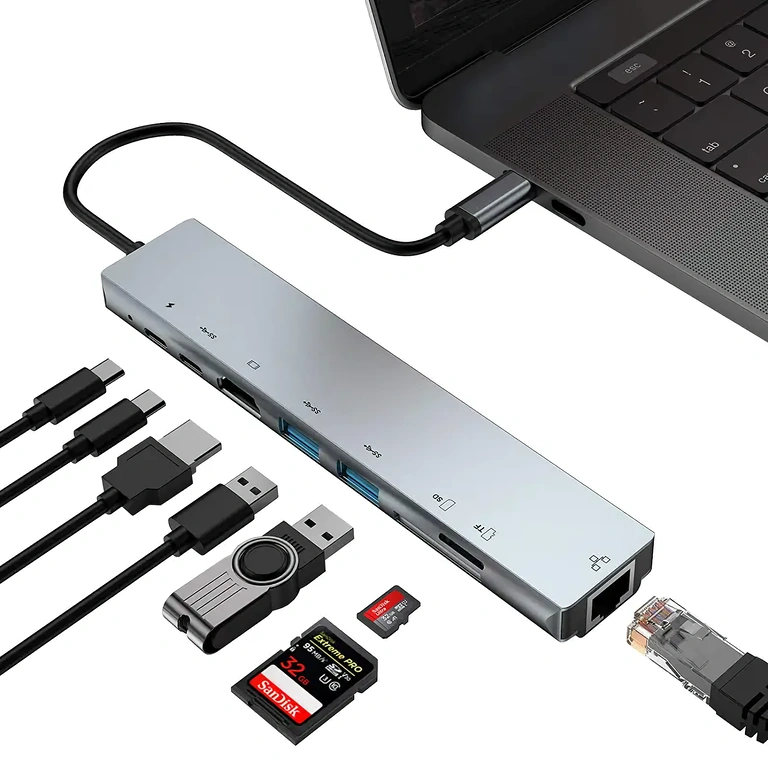 Multifunktionaler USB-C-Adapter für Laptop USB-C Adapter mit HDMI, RJ45, USB und Kartenleser für Laptops