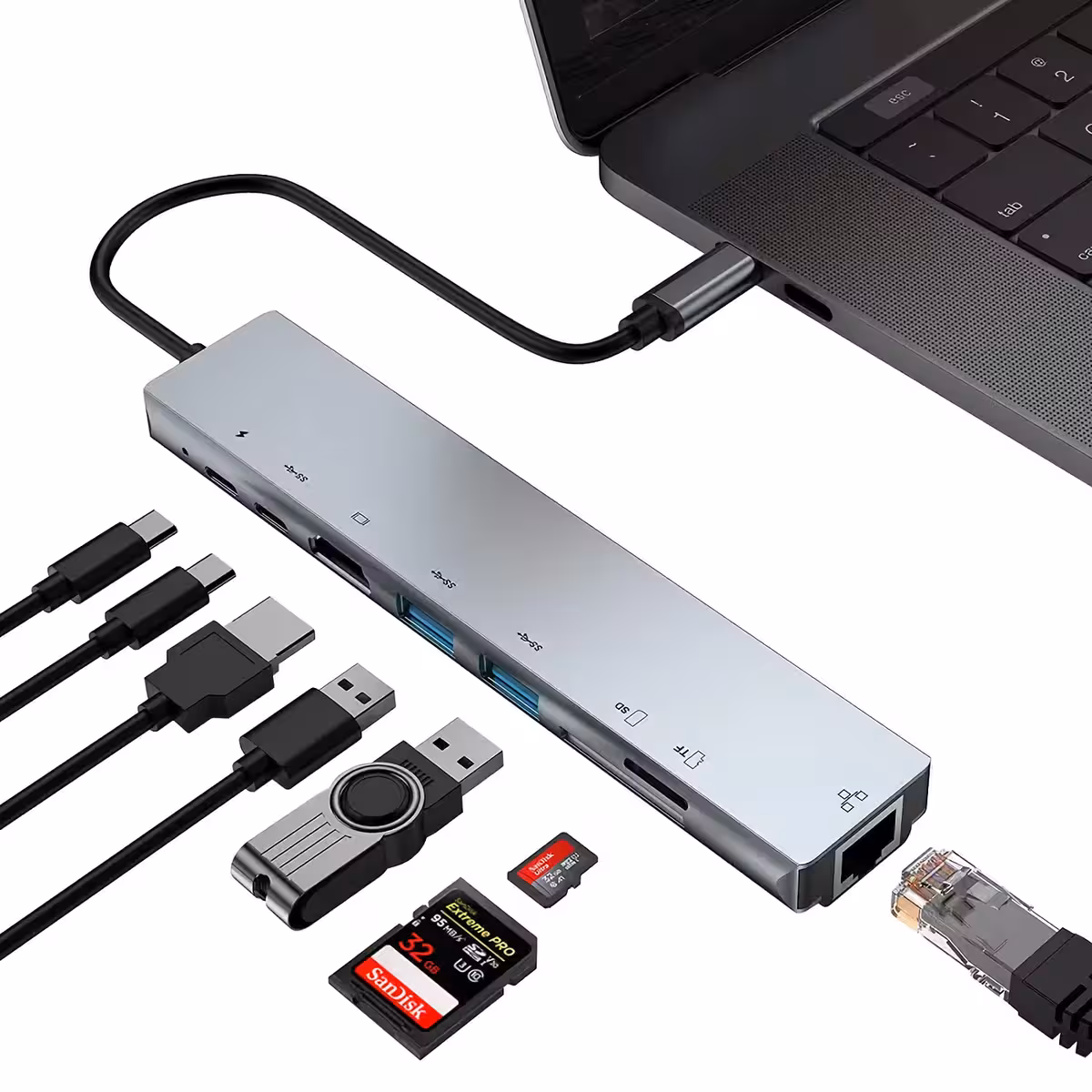 USB-C Adapter mit HDMI, RJ45, USB und Kartenleser für Laptops