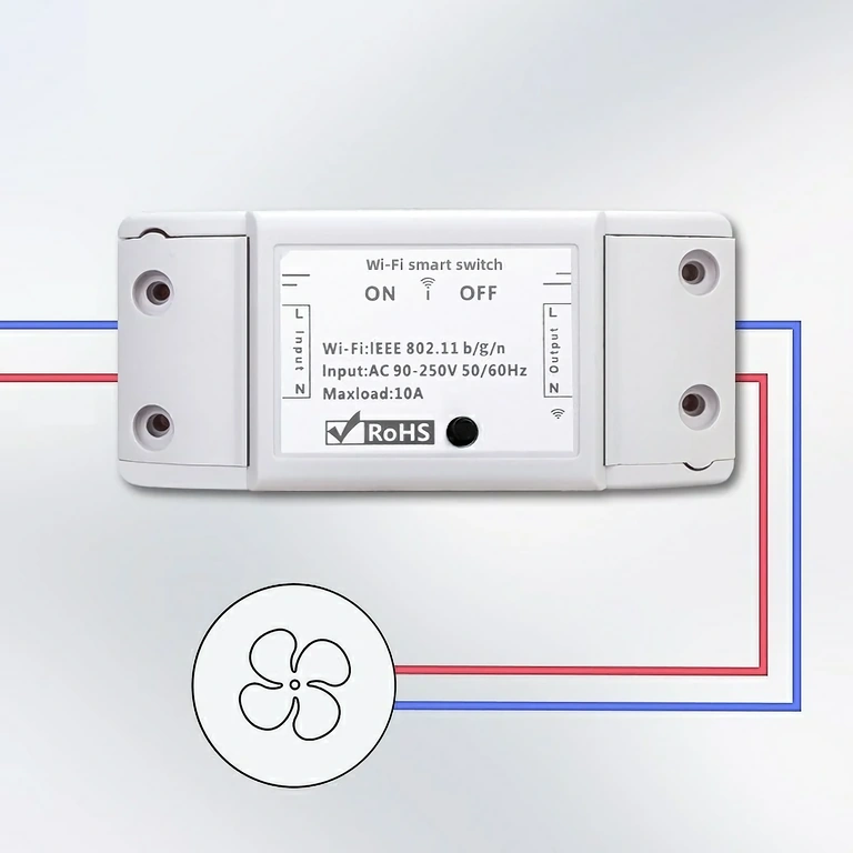 Detailliertes Diagramm für die Montage des drahtlosen Relais mit Strom- und WiFi-Anschlüssen