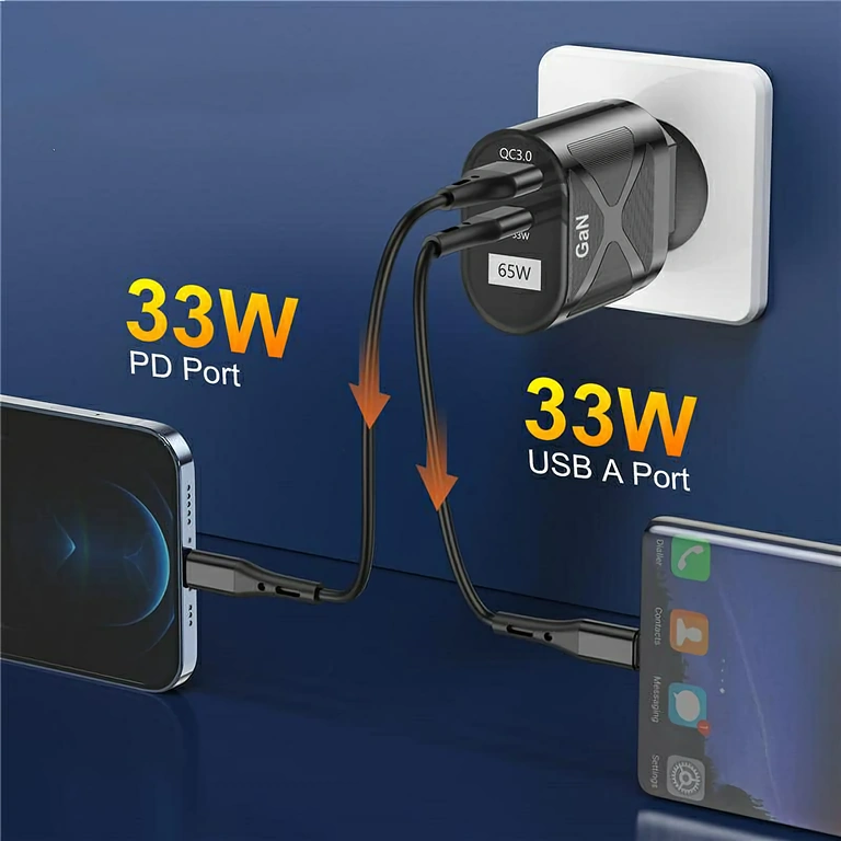 Kompaktes GaN Ladegerät mit USB-C und USB-A Port, ideal für Reisen