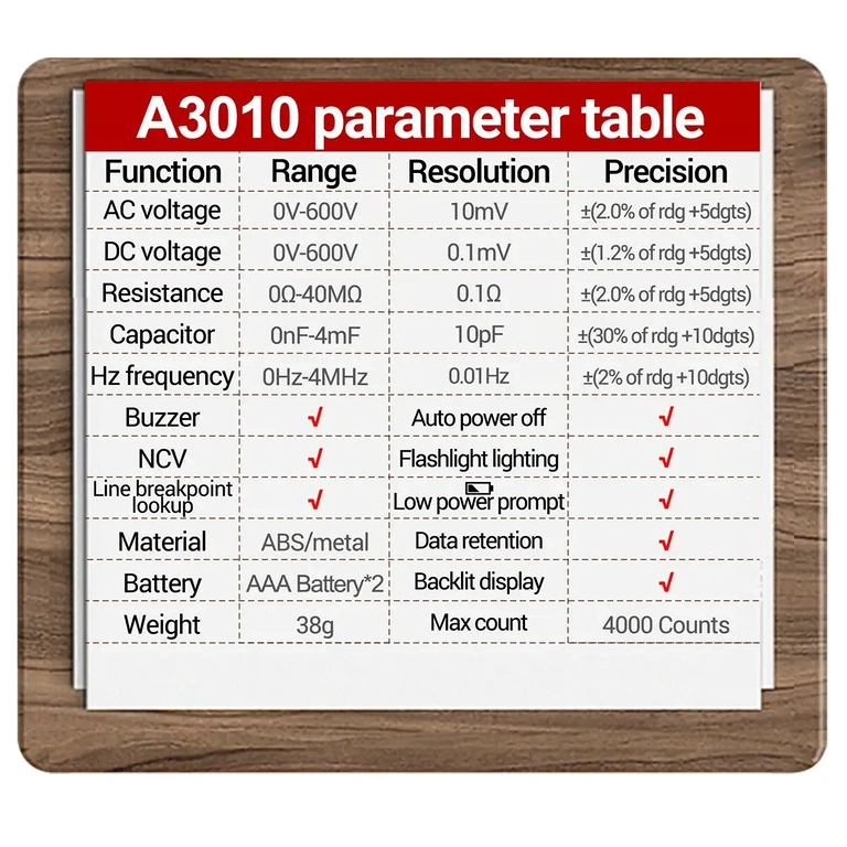 Tabelle mit technischen Daten des Auto-Spannungstesters – AC/DC Spannung, Widerstand, Frequenz