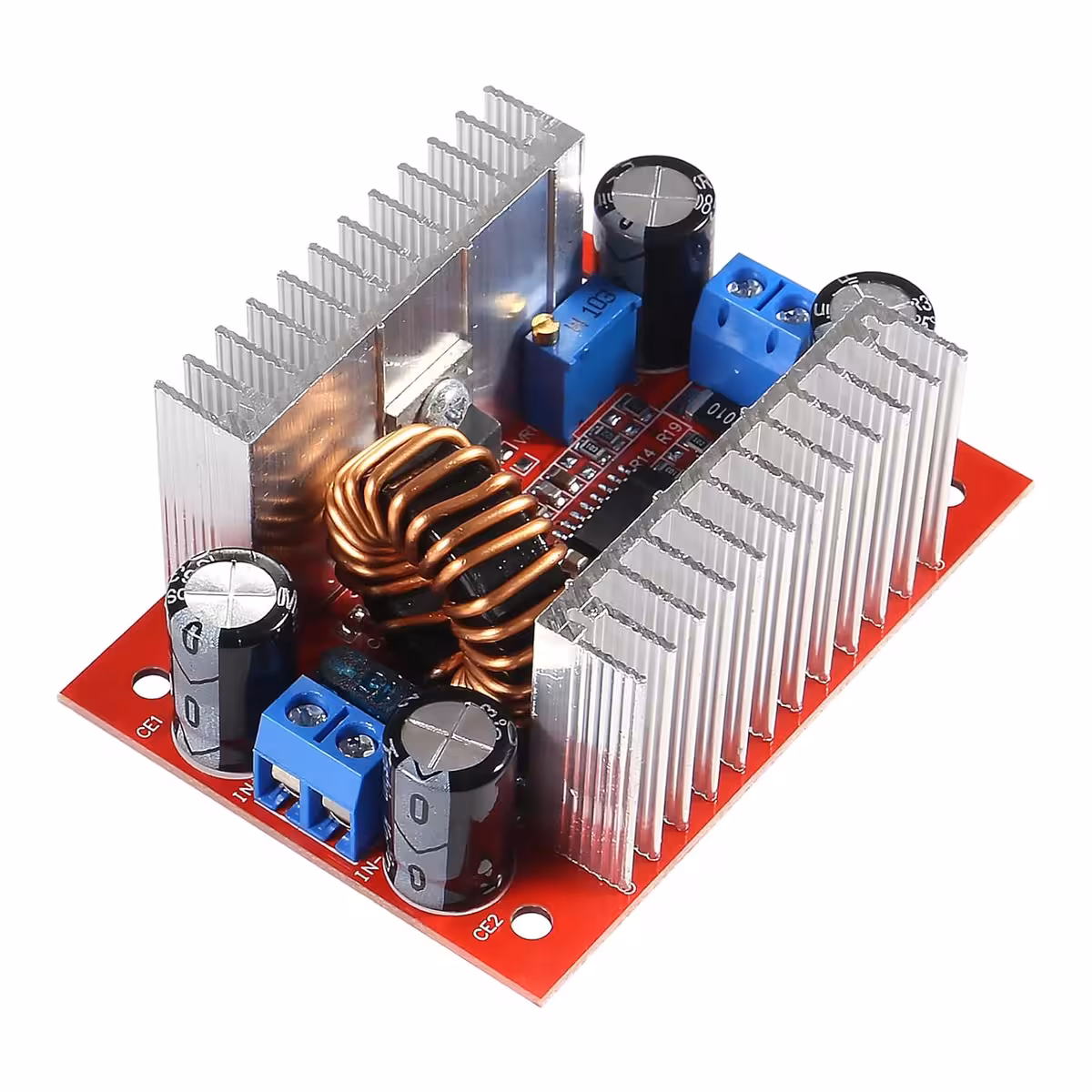 Seitenansicht des Step-up Boost DC 400W Moduls, Stromspezifikation 15A, Eingang DC 8,5V-50V, Ausgang DC 10V-60V