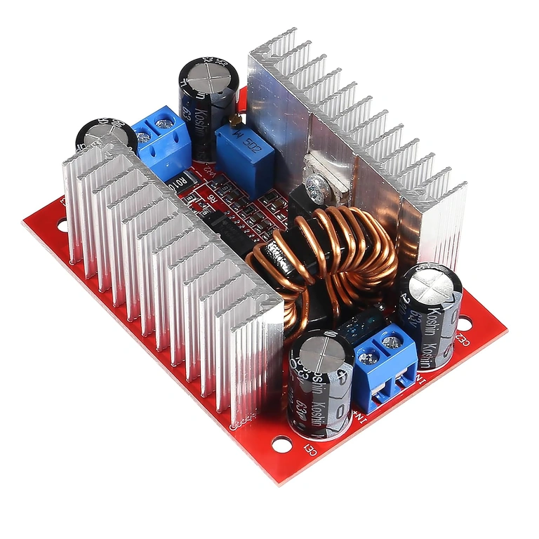 Step-up Boost Modul DC 400W – Draufsicht mit Eingangsspannung (DC 8.5V-50V) Draufsicht des Step-up Boost DC 400W Moduls, Eingangsspannung DC 8,5V-50V sichtbar