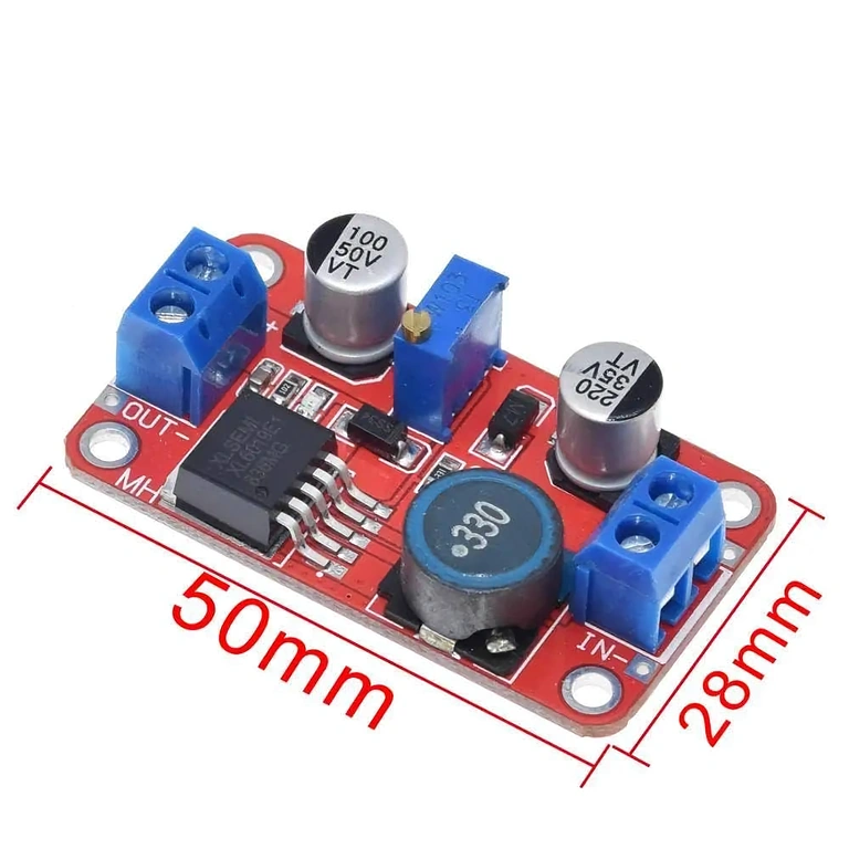 Abmessungen XL6019 DC-DC Boost Converter: 50mm x 28mm x 13mm, ideal für Integration in verschiedene Projekte