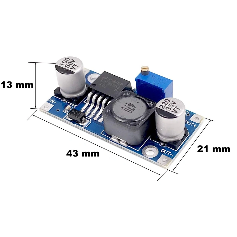 Abmessungen des LM2596S 3A Buck Converter Moduls: 43mm Länge, 21mm Breite, 14mm Höhe