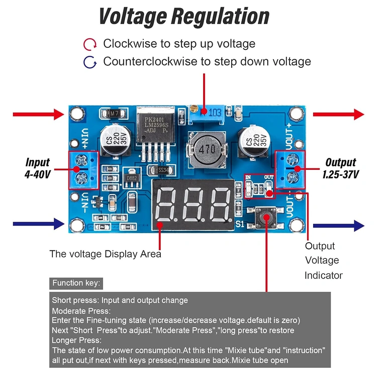 Beispielanschluss Ein- und Ausgang am LM2596 Modul