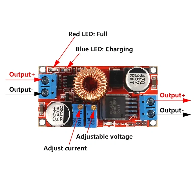 Detailbild der Anschlüsse des XL4015 DC-DC Converters