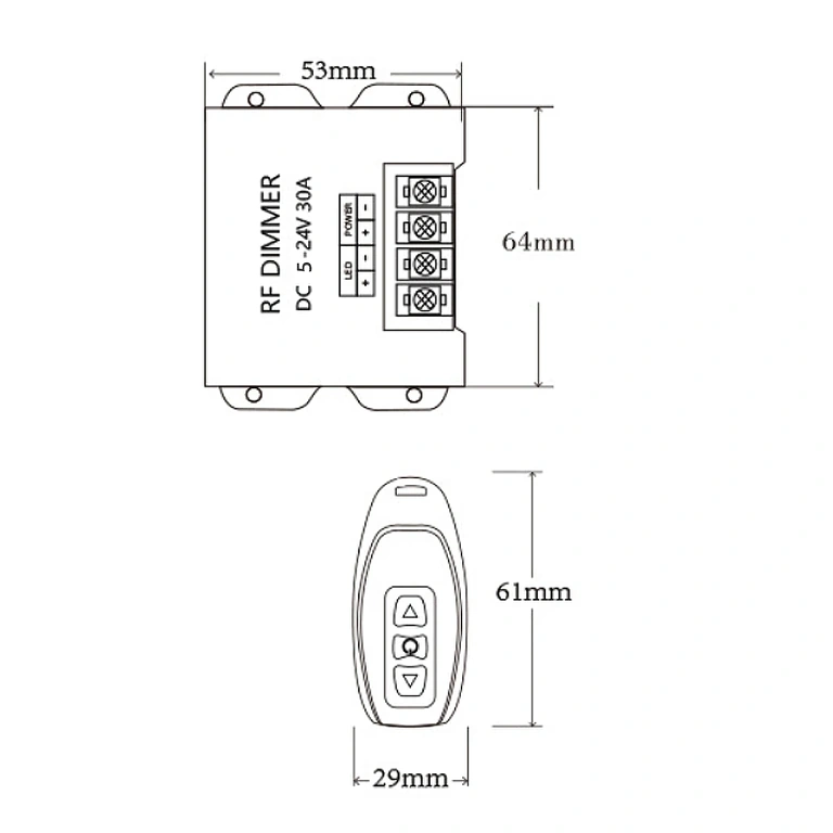 Bild mit exakten Abmessungen des LED-Streifen-Dimmers 5V 12V 24V 30A