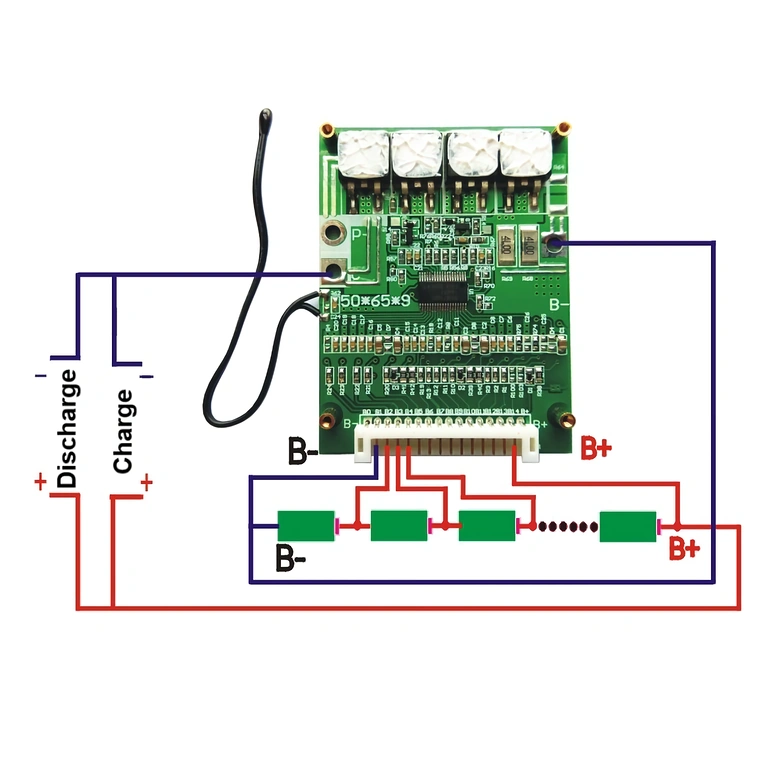 Schaltplan für den Anschluss des BMS 14S 52V an Li-Ion-Zellen