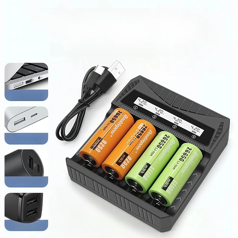 Universalladegerät mit eingesetzten Li-Ion-Batterien