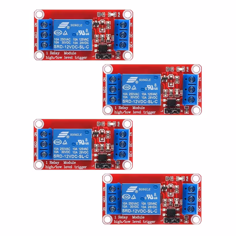 Set 4 Stück: Steuerrelais 5V / 12V mit Optokoppler – 1-Kanal-Modul, NC/NO, High/Low-Trigger, 10A