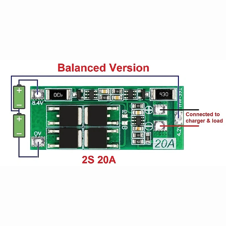 Detaillierter Anschlussplan BMS 2S 20A 7.4V mit Balancer, zeigt Batterie- und Ausgangsverbindungen