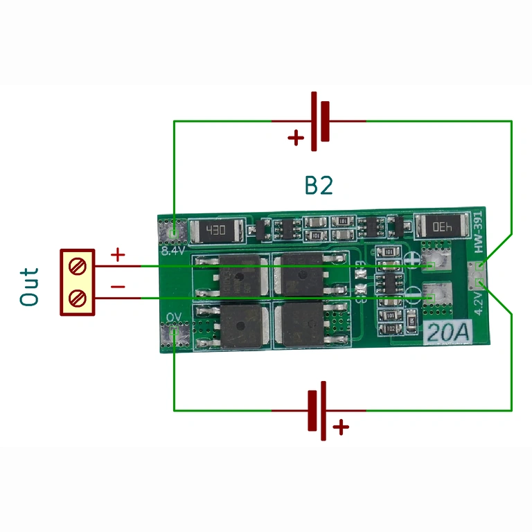 Elektrisches Diagramm BMS 2S 20A mit Balancer, nützlich für korrekte Installation in Li-Ion-Packs