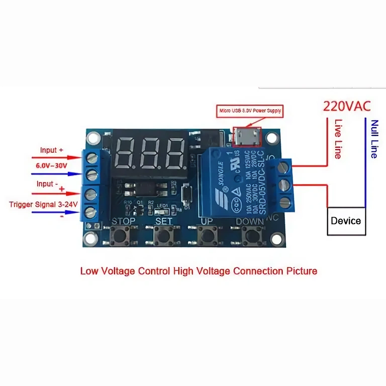 Visuelle Anschlussanleitung Relaismodul 6–30V mit einstellbarem Timer
