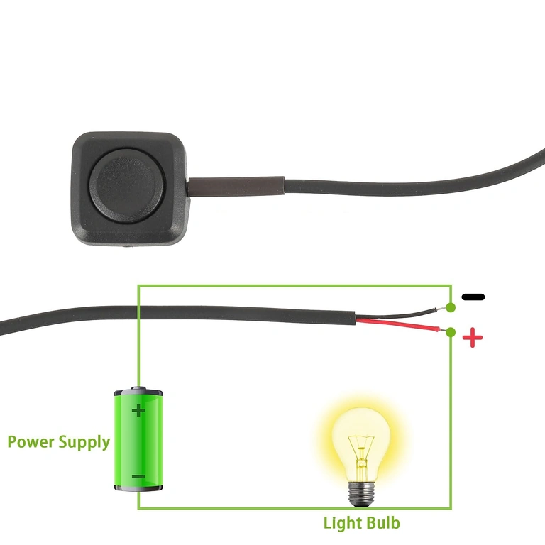 Anschlussdiagramm: Rot = Plus, Schwarz = Minus