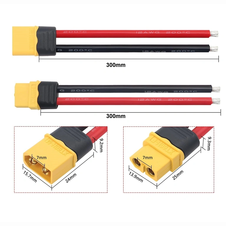 Skizze mit Abmessungen des XT60-Steckers (Buchse und Stecker)
