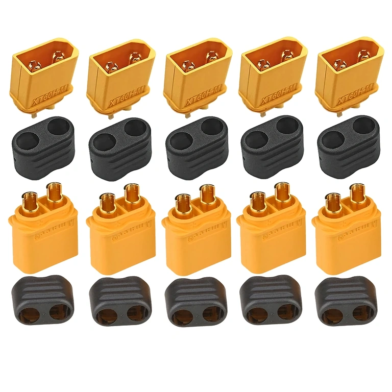 Draufsicht des Sets von 5 XT60H-Steckern, zeigt die vergoldeten Kontakte